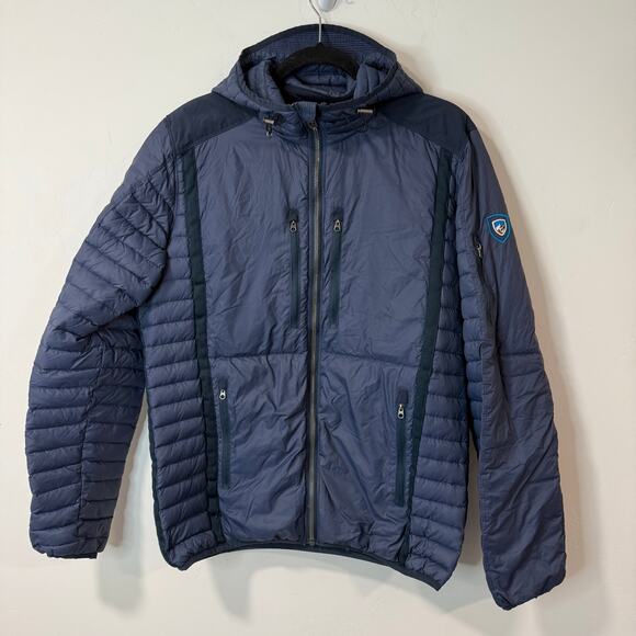 Kuhl Men's Spyfire Hooded Jacket Coat Puffer Quilted Down Fill Navy Blue Medium - Picture 1 of 10